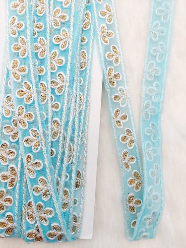 Wholesale Sky Blue Net Lace Floral Embroidery & Glitter Gold Sequins, Indian Wedding Border, Gifting Ribbon Costume Trim Fashion Trimming